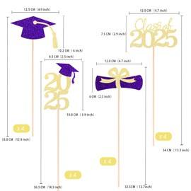 Class of 2025 Graduation Decoration Centerpieces for Tables, 2025 Graduation Table Double-Sided Toppers Party Centerpiece Sticks Party Supplies (16 PCS, Purple & Black)