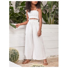 Floerns Girl's 2 Piece Set Ruffle Trim Cami Tops with Paperbag Waist Wide Leg Pants White 10Y