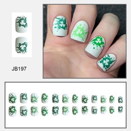 St Patricks Day Press on Nails Short Square Fake Nails White False Nails with Splash-Ink Clover Designs Matte Full Cover Stick on Nails Artificial Nails for Women Girls 24 Pcs