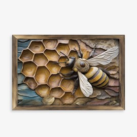Rustic Long Wooden Framed Art " Carved Bee Honeycomb Wood Sculpture " Farmhouse Style Wall Decor Sign for Tabletop Or Hanging - Durable Handcrafted Wood Print - Home & Office Decoration