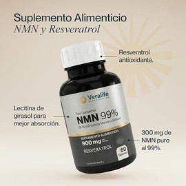 Resveratrol Puro con Beta Nicotinamida Mononucleotida 99% | Suplemento Alimenticio con NMN y Lecitina de Girasol | 60 Cápsulas - 900 mg Cada Una | Cáp