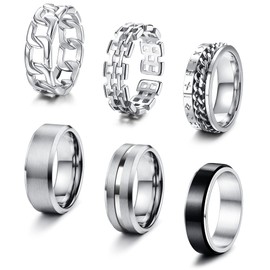 KALVICA 6 Piece Stainless Steel Rings for Men Rings Set Open Ring Spinner Rings Viking Rune Rings with Chain Size 54-70, Stainless Steel
