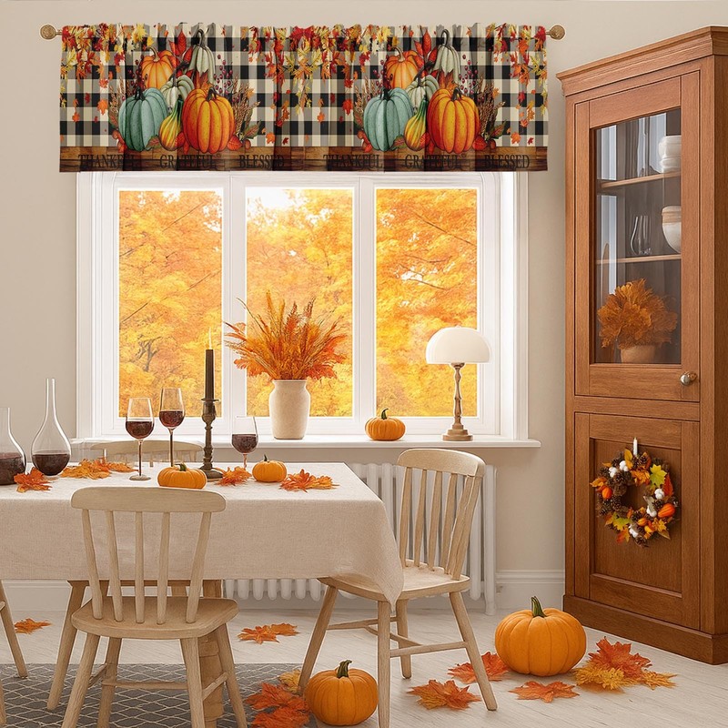 Nesphy Valances for Windows, 2 Pack, 52x18 Inch, Pumpkins Plaid