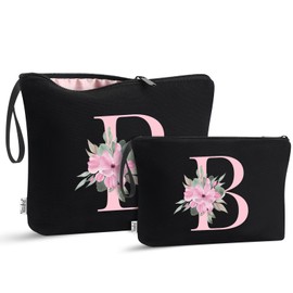 Vavabox 2 Pcs Initial Toiletry Bags Set,Birthday Gifts for Women,Travel Portable Toiletry Bag with Handle (B, Black)