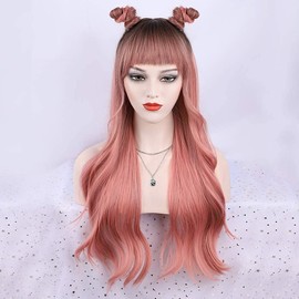MOSINA Ombre pink Wig with Bangs Long pink Wavy Wigs for Women Heat Resistant Wigs for Daily Party