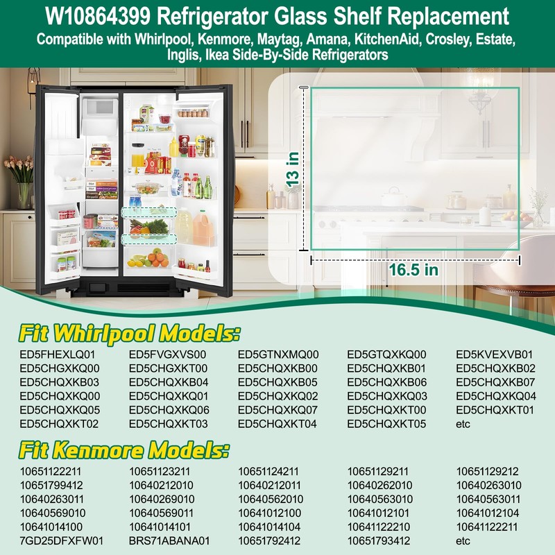 Upgraded W10864399 Refrigerator Glass Shelf Replacement Compatible with Whirlpool, Kenmore