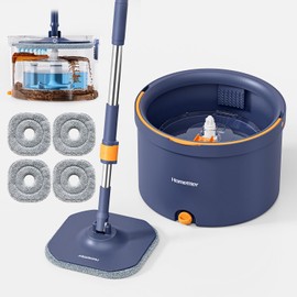 HoMettler Spin Mop and Bucket Set, Mop Bucket with Separate Dirty Water System, Deep-Cleaning Mops for Floors/Wall, Versatile Mops with 4 Microfiber Mop Pads