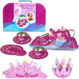 Bright Stripes Kids Pretend Play Tin Tea Set for Girls & Boys | Toy Tea Set Includes Tea Pot, Cups, Saucers, Plates, Tray, Invitations & Place-Cards for Imaginative Play (Swan Princess)
