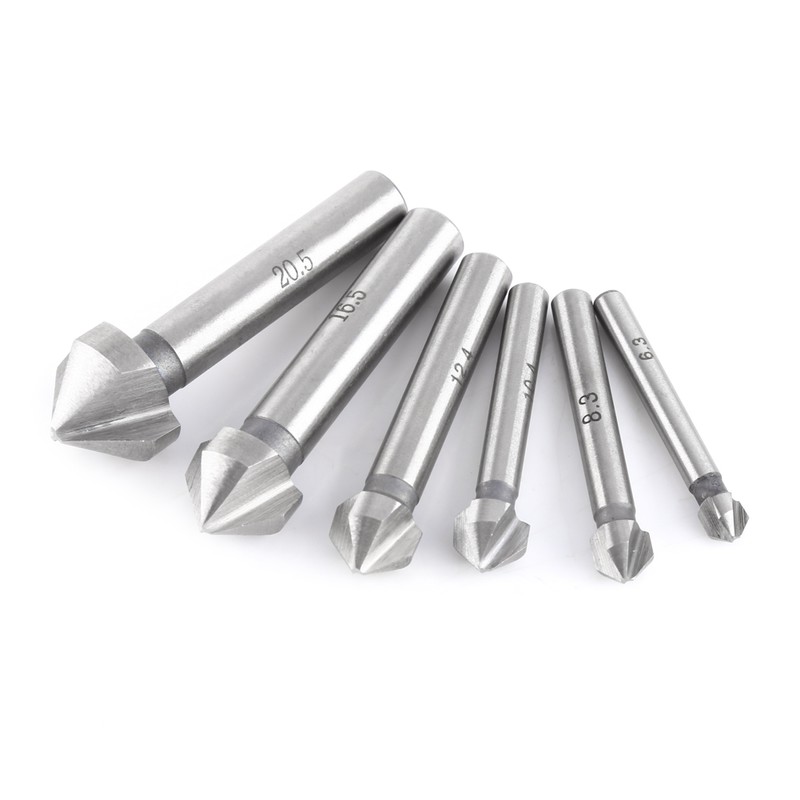 6pcs High Speed Steel Round Shank 3-Flute Countersink Cutter Bits
