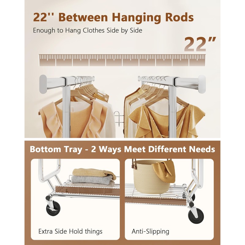 Hoctieon 2-Minute Assembly Double Rod Clothes Rack, Heavy Duty Rolling