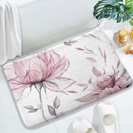 Pink Grey Watercolor Floral Bath Mat,Flower Leaves Minimalist Aesthetic Non Slip Absorbent Floor Rugs Quick Dry Soft Velvet Rugs Carpets, for Bathtub Bathroom Bedroom Kitchen, 17x29 Inch