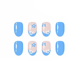 MERVF Oval Press on Nails Medium Fake Nail Blue French Tip Round Glue ons Nail Flower Acrylic False Summer Manicure Supplies Art DIY Glossy 24pcs