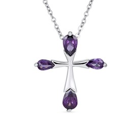 Bridal Christian Religious Simulated Gemstone Purple Amethyst Cubic Zirconia AAA CZ Teardrop Cross Necklace Pendant For Women Wedding Teen .925 Sterling Silver