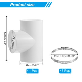 PATIKIL 4 Inch 3 Way Duct Connector, 90 Degree PVC T-Shape Ducting Splitter Air Vent Duct Hose Exhaust Pipe Adapter Dust Collection Fitting with 3 Pcs Hose Clamps for HVAC Dryer Systems