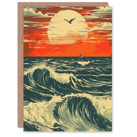 Artery8 Ocean Waves at Sunset Painting Seascape Bird Greeting Birthday Card Him Her All Blank