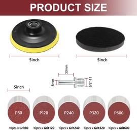 5-Inch Angle Grinder Sanding Kit,50PCS 80-600 Grit Sanding Discs with Cushion Pads, 5/8-11 Thread Hook & Loop Backing Pad with 8mm Shank for Wood,Metal, Plastic Polishing