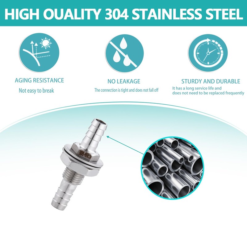 1/4" Hose Barb Thru-Bulk Bulkhead Fitting,304 Stainless Steel Straight Hex