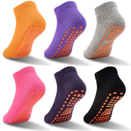 GRPSKCOS Non Slip Kids Socks- 6 Pairs Trampoline Anti-Skid Socks Sticky Grips Indoor Breathable Socks for Boys Girls Kids (06 Rose red+Orange+Purple+Black+Grey+Dark Purple, 10-13 Years)