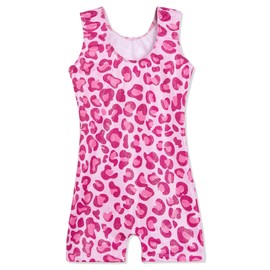 Domusgo Maillot de gimnasia para niñas brillantes de una pieza Pro Kids Unitard con pantalones cortos, Biketard con lunares de leopardo rosa, 7 Años