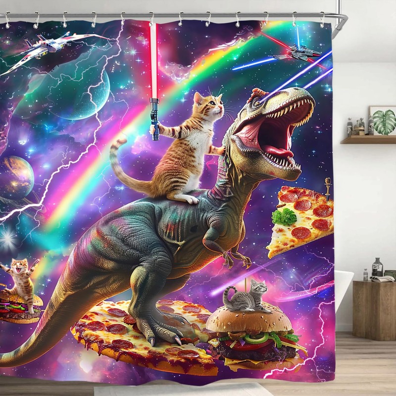 Miyotaa Funny Cat Dinosaur Shower Curtain Set 60Wx71H Inches Hilarious