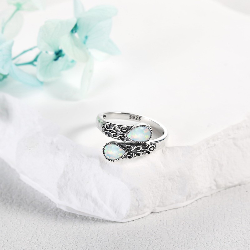 CUPENDA Opal Ring Sterling Silver Adjustable Band Open Rings Victorian