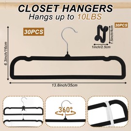 Velvet Pants Hangers Non Slip, 30 Pack Velvet Hangers for Closet with 30 Hooks, Strong Durable Space Saving Slim Clothes Hanger, Ultra Thin Flocked Hanger for Pants, Shirts, Bra, Shorts (Black)