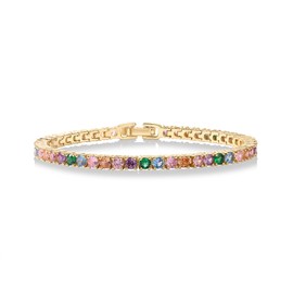 PAVOI 14K Gold Plated 3mm Multi Colored CZ Tennis Bracelet | Vibrant Cubic Zirconia Bracelet for Women | Size 6.5-7.5 Inch, 7.5 Inches, Yellow Gold, Cubic Zirconia