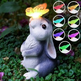 ANSIKE Solar Outdoor Garden Statues Decor-Rabbit Statue with Solar Butterfly Light 7 Colors Change for Patio Lawn Ornament Thanksgiving for Mom Grandma Kids, Bunny with Color Change
