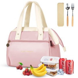 KTMOUW Bolsa de Almuerzo Cuero PU,Loncheras Termica para Mujeres y Hombres,Piel,Lunchera para Hielera,Bolsa de Mano Impermeable,Gran Capacidad,Almuerzo,La Oficina,Camping,Hombres,Mujeres,Rosa