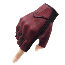 Harssidanzar Mens Gloves Half Finger Goatskin Leather Motorcycle Gloves GM037UK, Oxblood/Black, Size M