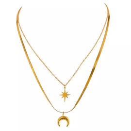LUNA STELLA Necklace - Herringbone chain with horn pendant N dainty cable link chain