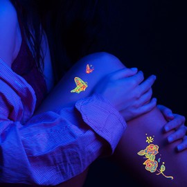 Jastli 10 Sheets Glow in The Dark Temporary Tattoos Waterproof Neon UV Blacklight Body Face Flash Fake Tattoo Stickers Rave Party Supplies (TP-2)
