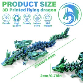TEAONE 3D Printed Dragon, Flying Dragon with Wings for Party Gifts, Home, Office Decor (21cm/8.26in, Laser Green)