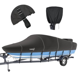 Tuszom 1200D Waterproof Boat Cover Trailerable Marine Grade Polyester Universal Fits V-Hull, Bass, Runabout,Fishing,Ski Boat with Motor Cover,More Straps (Black, 16' - 18.5' L, UP to 94" W)