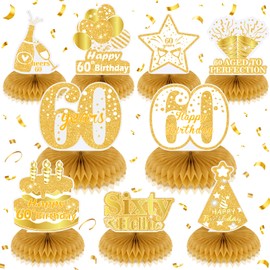 9Pcs White Gold 60th Birthday Decorations for Women White Gold Happy 60th Birthday Honeycomb Centerpiece for Women Men 60th Birthday Party Table Toppers Decorations, Sixty Years Old Party Supplies
