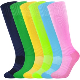 Kids Soccer Socks Boys Football Socks 6 Pairs Breathable Girls Knee High Sock 14 Years and up Baseball Softball Men Women Youth (Assorted Colors, XL)