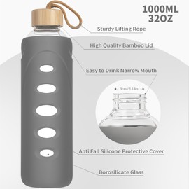 Ferexer Sport 32oz Glass Water Bottle 1000ml /1 liter Borosilicate Glass Water Bottle Reusable Waterbottle Jugwith Silicone Sleeve and Unique Lid (Grey