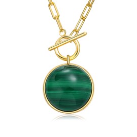 AIBAO Green Necklace for Women Sterling Silver 16mm Round Natural Malachite Healing Crystal Pendant Necklace 14K Gold Paper Clip Toggle Chain