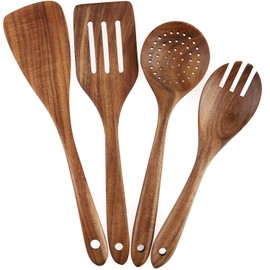 Wooden Cooking Utensils Set 4-Piece Wood Kitchen Utensil Set for Non Stick Cookware Wooden Spatula,Fork,Turner,Ladle,Strainer Spoons