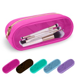 UIXIZQ Clear Small Pencil Pouch Makeup Bag for Purse,Nylon&PVC Pencil Case Waterproof Makeup Brush Holder with Zipper,Preppy Transparent Pen Bag Travel Cosmetic Bag for Women Office(Slim-Hot Pink)