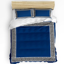 LooPoP Duvet Cover Set California King Size Geometric Greek Key Design Comforter Sets 3 Pieces, Navy Blue Bedding Set with Zipper Closure and 2 Pillow Cases, Soft Lightweight Bed Covers Bedroom Decor