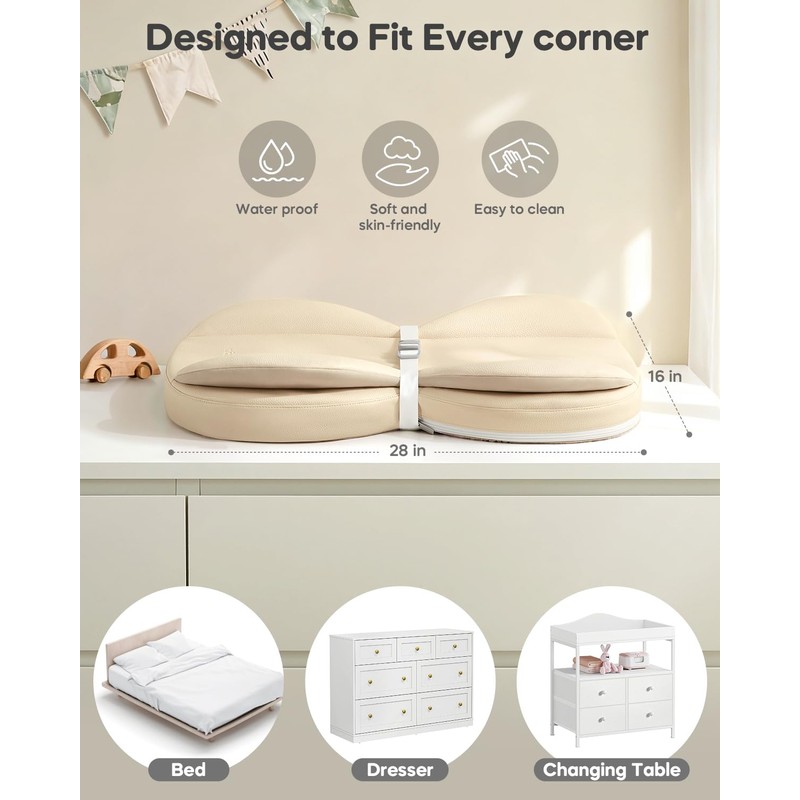 Baby Changing Pad with Waterproof & Wipe-Clean, Non-Slip Foldable PU