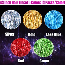 43 Inch 3000 Strands Hair Tinsel Kit with Tools 5 Colors 3Packs/Colors Tinsel Hair Extensions Sparkling Shiny Glitter Hair for Christmas Cosplay Party (43 inch, (gold+silver+red+green+lake blue)*3)