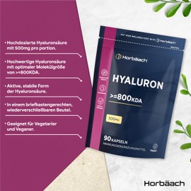 Hyaluron Kapseln Hochdosiert 800 kDa | 90 Hyaluronsäure Kapseln | 500mg | Alternative zu Kollagen | Hyaluronic Acid | Vegane | von Horbaach