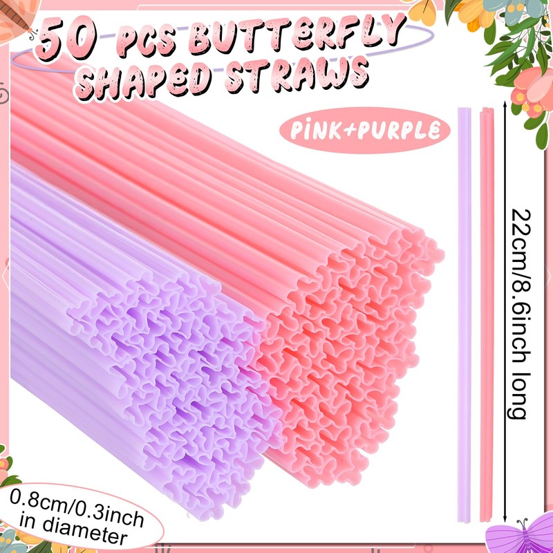 Potchen 50 Butterfly Shape Plastic Straws Disposable Drinking Straw Bulk