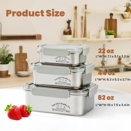 Hommiya Stainless Steel Food Storage Container Bento Lunch Box, Set of 3 (22, 44, & 82 oz), Leak Resistant, Airtight Lids, Dishwasher Safe, Plastic Free