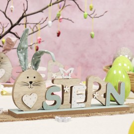 com-four® 2x decorative displays for Easter - lettering with Easter bunnies - Easter decorations to put up - Easter decorations made of wood (02 pieces - pink/green)