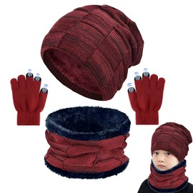 CheChury Children's Winter Hat Winter Scarf Touchscreen Gloves Kids Knitted Hat Beanie Hat with Scarf for Children with Fleece Lining Hat Scarf Sets Scarves Hats for Girls Boys Winter Gifts, #2 Red