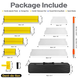 Drywall Skimming Blade Set Including Extra Blade Insert, 10"，16"，24" and 32" Stainless Steel Skimming Blades, 28"-62" Extension Handle, Smoothing Drywall Finishing Tools with Portable Case