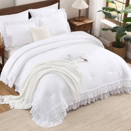 Andency White California King Comforter Set, 3 Pieces Lightweight Fluffy Farmhouse Shabby Chic Bedding Comforter Sets, Soft Microfiber All Season Cal King Bed Sets(104x96Inch)